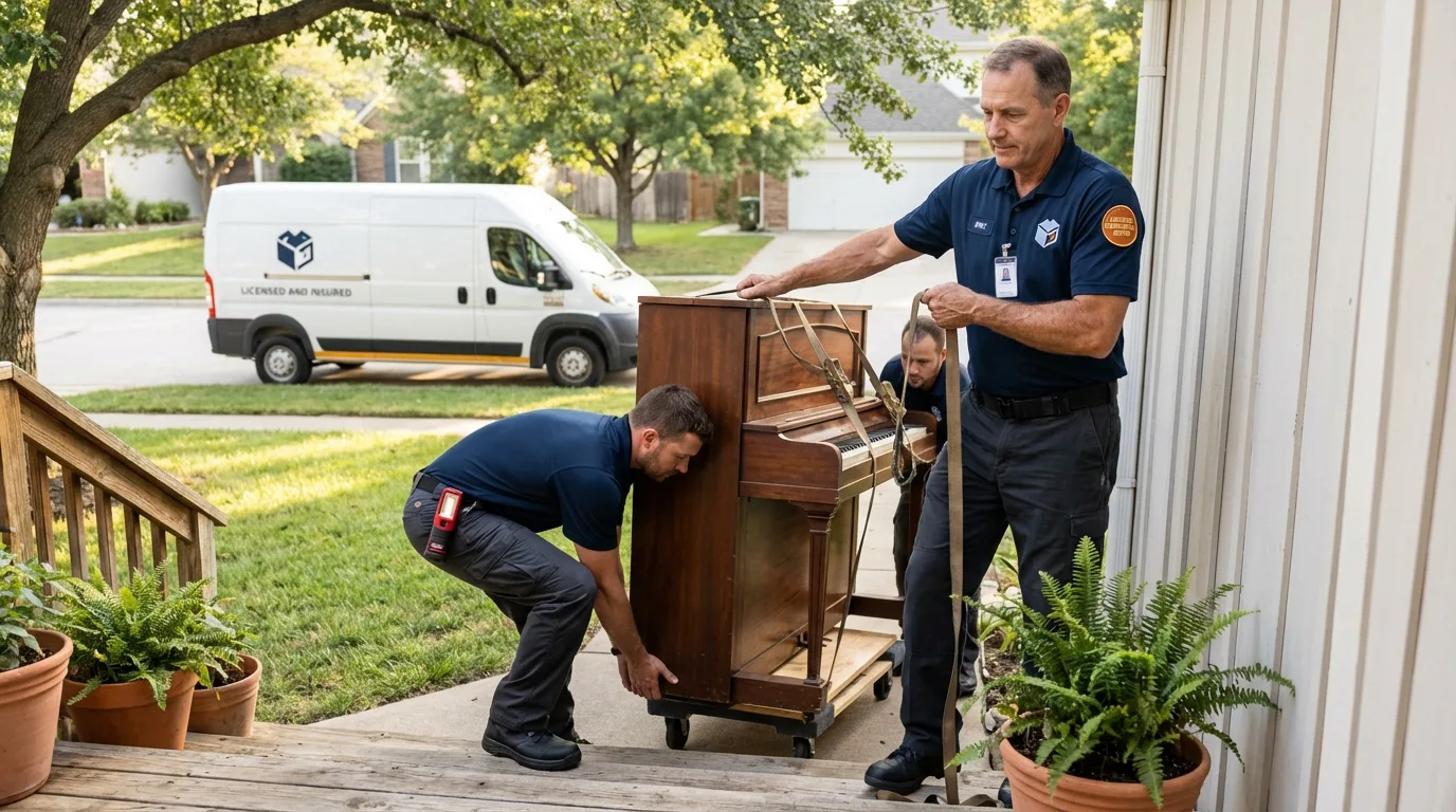 Licensed piano movers securing grand piano in Mantua, OH