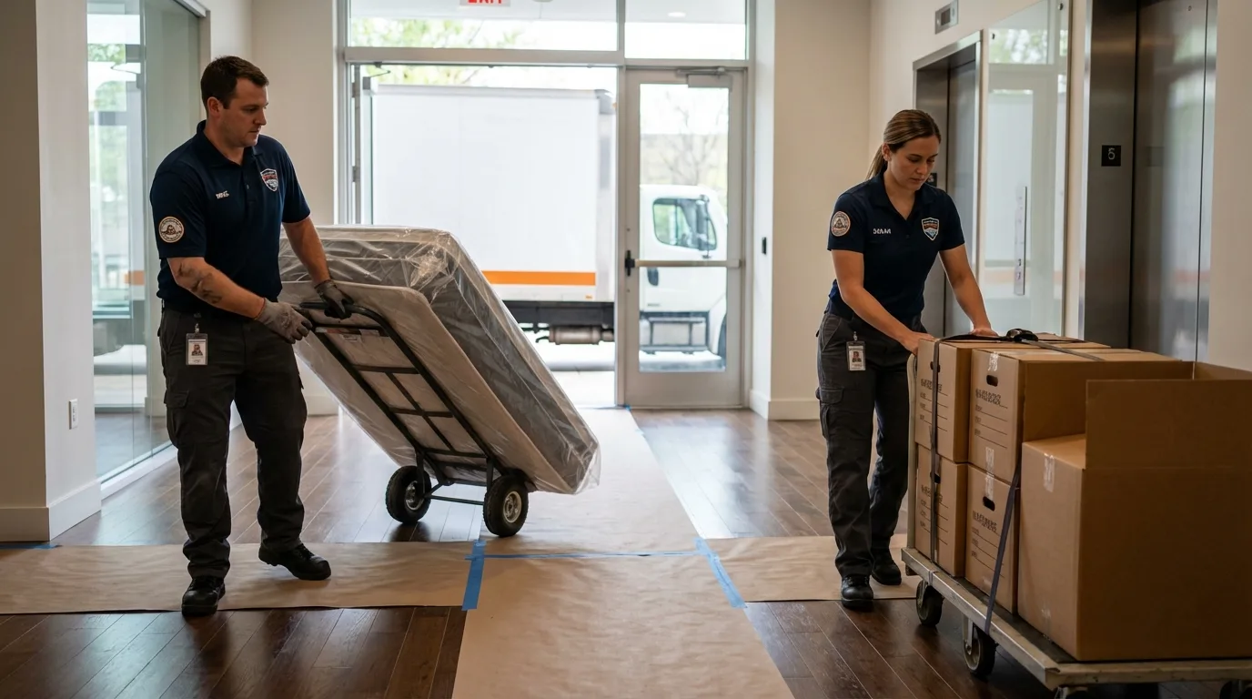 Professional apartment movers loading elevator in Mantua, OH