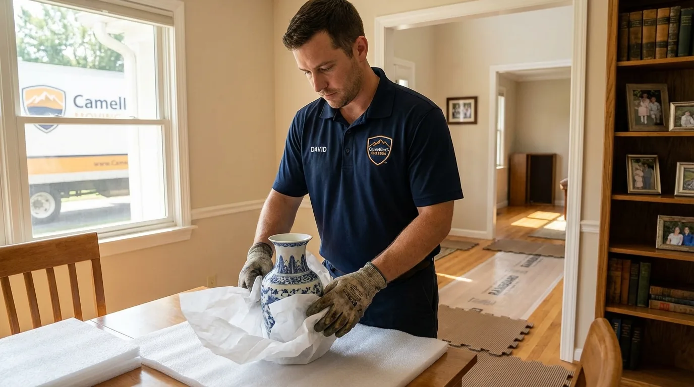 Professional crew carefully wrapping antique vase for senior downsizing move in Mantua, OH
